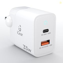 iGear Core 33: 33W Fast Charger, USB Type-C PD and Q.C 4.0 + PPS, Dual