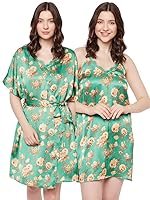 Clovia Women’s Satin Printed Short Night Dress & Robe – Green