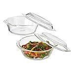 Solimo Set of 2 Borosilicate Glass Casserole-Cum-Serving Bowl with Lid | Microwave & Oven Safe| Deep Round | 650 Ml Each| Transparent