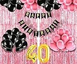 40th Birthday Decoration items for Girls with Black and Pink Balloons, Black Happy Birthday Banner, Pink Foil Curtain, Foil Balloon number 40