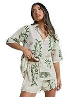 Women’s Linen Button-Down Shirt and Shorts Set, Cream with Green Tribal Print, Half Sleeve
