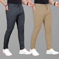 GIBBONTE Pack of 2 Men Slim Fit Grey, Khaki Lycra Blend Trousers