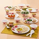 Larah by Borosil Rose Red Silk Series Opalware Dinner Set | 27 Pieces for Family of 6 | Microwave & Dishwasher Safe | Bone-Ash Free | Crockery Set for Dining & Gifting | Plates & Bowls | White
