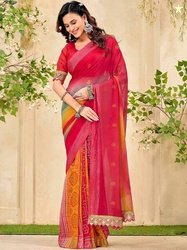 Satrani Ombre Printed Poly Georgette Embroidered Border Saree with Blo
