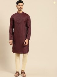 Amodh by Kisah Men Maroon Striped Thread Work Kurta