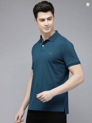 THE BEAR HOUSE Men Solid Polo Neck Pure Cotton Blue T-Shirt