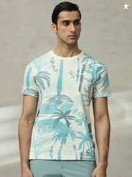 MUFTI Men Printed Round Neck Pure Cotton Blue T-Shirt