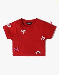 YOUSTA Girls Ribbed Round Neck Top with Bow Accent