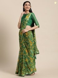 Satrani Green & Yellow Floral Pure Chiffon Saree