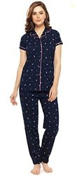 ZEYO Women's Cotton Floral Printed Navy Blue Pajama Set Night Suit Set