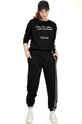 ZEYO Women's Cotton Black Track Suit Typography Printed Sweatshirt Co-