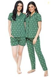 ZEYO Women's Cotton 3Pc's (Shirt+Pyjama+Shorts) Heart Printed Green Ni
