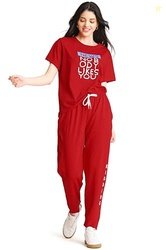 ZEYO Night Suit for Women's Red Typography Printed Cotton Night Dress