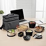 CELLO MF All Day Meal Lunch Box with Bag, Grey | Microwave Safe Containers (550ml,375ml,225ml) + Steel Containers (500ml, 300ml) + Chutney Dabba 130ml, Spoon & Fork Set | Leakproof Tiffin for Office