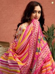 Sangria Striped Printed With Zari Border Saree With Unstitched Blouse
