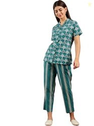 Modeve Women Printed Blue Shirt and Pant Night Suit Set_S