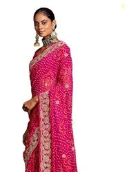 Satrani Women'S Georgette Embroidery Bandhani Printed Saree With Unsti