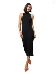 Black Rib Sleeveless Turtle Neck Midi Dress