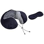 Amazon Basics Premium Travel Neck Pillow + Sleeping Eye Mask Combo with Portable Bag| Ergonomic | Orthopedic Support | Super Soft Fabric | Ideal for Flight, Car & Travel Comfort (Navy Blue & Gray)
