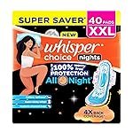 Whisper Choice Nights, 40 XXL Pads, Gives Up to 100% worry-free protection all night** with 4x back coverage^