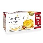 Santoor PureGlo Glycerine Soap with Almond Oil and Glycerine, 125g (Pack of 6) for Nourished Glowing Skin
