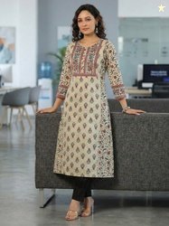 Rain & Rainbow Ethnic Motifs Printed Sequinned Pure Cotton A-Line Kurt