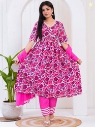 SAK JAIPUR Floral Printed Pure Cotton Anarkali Kurta & Palazzos With D