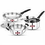 Butterfly Classic Stainless Steel Cookware 5 Pcs Set|Fry Pan 22Cm(1.4L)|Kadai 22Cm(2.2L)|Saucepan 16Cm(1.6L) with Steel Lids|Induction Base,Triply Bottom|Even,Fast Cooking with Less Oil,Silver