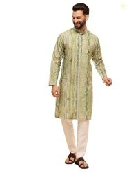 SOJANYA (Since 1958 Men's Cotton Silk Green Print Kurta with White Pyj