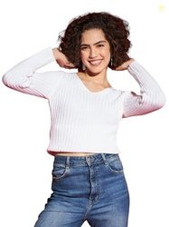 White Rib V-Neck Sweater