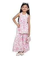 GORLYA Girl’s Cotton Sleeveless Printed Ethnic Peplum Kurta & Sharara Set – White & Pink
