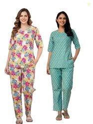 WANRIP Women Cotton Night Suit, Classic Style, Floral Print, Half Slee
