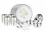 KC Stainless Steel Heavy Gauge Floral Dinner Set | Kitchen Set for Home | Lazer Design | Shagun | Bartan (Laser 16 Pcs)