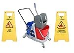 Double Bucket Mop Wringer Trolley Free with Caution Sign Board Combo Wet Floor & Cleaning in Progress – 40 LTR