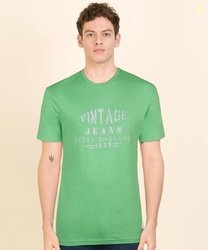 PETER ENGLAND Men Printed Round Neck Polycotton Green, Grey T-Shirt