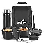 MILTON Pro Lunch Box with Steel Cutlery, 3 Microwave Safe Inner Steel Containers (180ml, 320ml, 450ml) Plastic Chutney Dabba 100ml, Bottle 750ml with Insulated Bag, Office Tiffin, Black