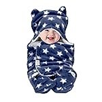 OYO BABY Ultra-Soft Baby Swaddle Wrap Blanket with Hood & Booties â Warm Fleece Sleeping Bag for Newborns (0â6 Months 72 * 68 cm) â Star Print, Dark Blue
