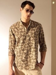 DENNISON Floral Hand Block Printed Mandarin Collar Cotton Short Kurta