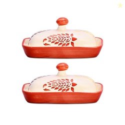 Caffeine Ceramic Stonwear Handmade Red Boota Butter Tray with lid 6  (