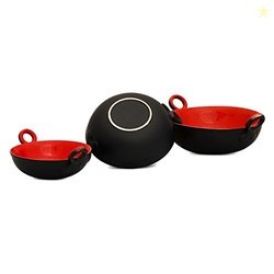 Caffeine Ceramic Handmade Stoneware Red and Black Serving Kadhai Set o