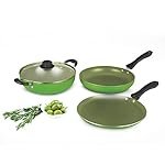 Alda Non Stick Cookware Set of 4 (Wok with Lid, Fry Pan, Crepe Pan) – Olive 3mm Induction Friendly, 1 Year Warranty
