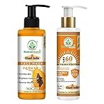 Khadi Sunscreen SPF 60 PA+++ with Papaya Face Wash Combo for Glowing Skin By Bhudevam Naturals | UV Protection Sun Cream + Brightening Papaya Cleanser for Men & Women – Pack Of 2