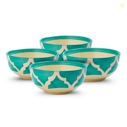 KitchEase Moroccan Print Green Ceramic Bowl Set of 4, Microwave & Dish