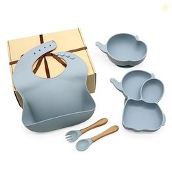BABYHOP Silicone Baby & Infant Feeding Set (5 Pcs Pack - Bib, Spoon, F