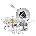 Bergner TriPro 7 Pcs Triply Stainless Steel Induction Bottom Cookware Set, 22cm (2L) Kadai, 22cm (1L) Frypan with Dome Shaped Common Glass Lid, 12cm (0.9L) Coffee Warmer, Ladle, Serving Spoon, Turner