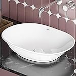 Lapo Sleek Surface-Mounted Ceramic Table Top Vessel Sink | Modern Countertop Wash Basin with Freestanding Pedestal for Bathroom (40x55x13 cm,White Finish,Lesy)