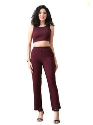 Women's Maroon Ribbed Sleeveless Co-ord Set | Stylish Crop Top & High-