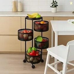 4+1 Layer Round Storage Trolley  Black Metal Revolving Basket Rack wit