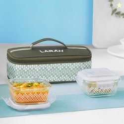 Larah Glassware Gracia Borosilicate Glass Lunchbox with Bag | 2pc Squa
