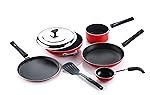 Crystal Classic Series 7-pc Non-Stick Cookware Set, PFOA Free, Tawa, Vagariya, Kadhai with SS Lid, Fry Pan, Sauce Pan, 1 Spatula, Red